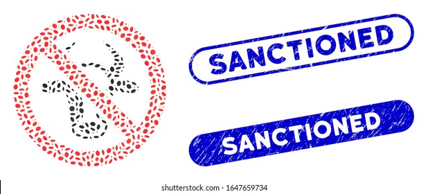 Collage forbidden cattle and corroded stamp seals with Sanctioned text. Mosaic vector forbidden cattle is composed with randomized oval parts. Sanctioned stamp seals use blue color,