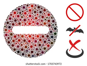 Collage forbidden designed from SARS virus items in variable sizes, red colors. Vector viral items are composed into abstract collage forbidden icon. Some bonus icons are added.