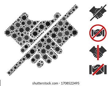 Collage verbotene Handshake aus covid-2019 Virus-Icons in verschiedenen Größen und Farbtönen. Die Vektorillustration-Infektionssymbole sind in abstrakte Collage Verbotene Handshake-Symbole gruppiert.