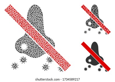 Collage Forbidden nasal virus spread icon organized from raggy spots in random sizes, positions and proportions.