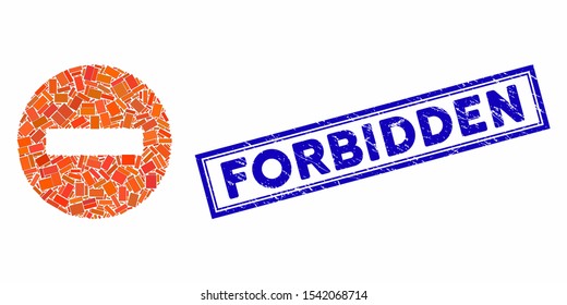 Collage forbidden and rubber stamp seal with Forbidden text. Mosaic vector forbidden is composed with randomized rectangle items. Forbidden stamp seal uses blue color.