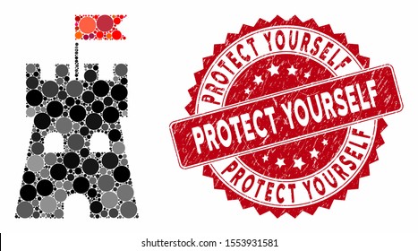 Collage fortress tower and grunge stamp seal with Protect Yourself phrase. Mosaic vector is formed with fortress tower icon and with random spheric items. Protect Yourself stamp seal uses red color,