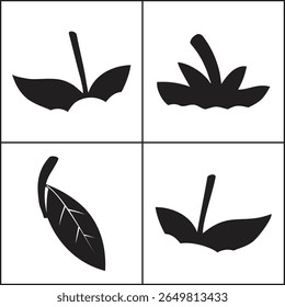 A collage of four black and white images featuring stylized leaf and stem illustrations