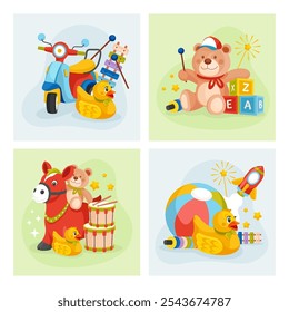 A collage of four colorful illustrations featuring children's toys, including a scooter, teddy bear, blocks, rocking horse, and rubber duck.