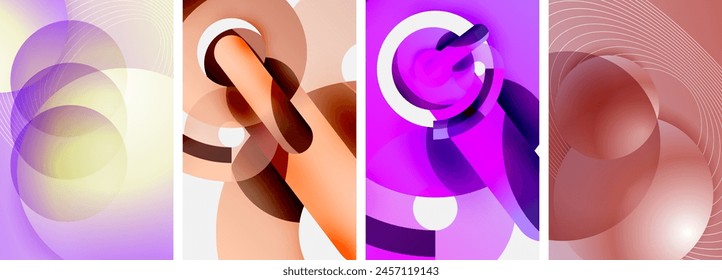 Un collage de cuatro círculos de colores diferentes sobre un fondo blanco, incluyendo púrpura, violeta, magenta y azul eléctrico, creando un diseño vibrante y audaz