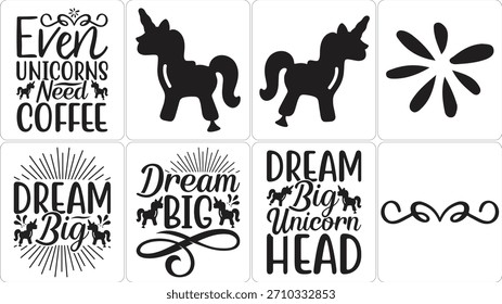 Un collage de cuatro Diseños gráficos distintos con unicornios, texto inspirador y florituras decorativas.