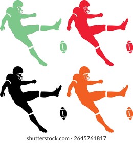 Colagem de quatro jogadores de futebol em várias cores chutando bolas de futebol. Ilustração perfeita para eventos esportivos, notícias esportivas ou promoções atléticas