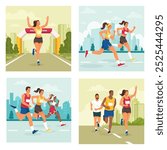 A collage of four illustrations depicting runners in various marathon scenes. 