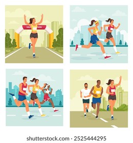 Uma colagem de quatro ilustrações retratando corredores em várias cenas de maratona. 