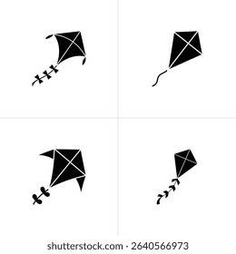 Collage of four simple black kites on a white background. The kites feature various tails, including ribbons, simple lines, and decorative elements, creating a minimalist image.