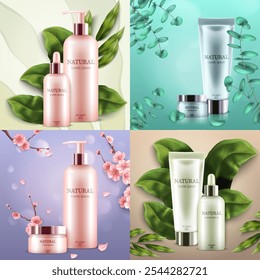 Collage of four skincare product sets with natural themes, featuring bottles, jars, and tubes labeled 'Natural.' Each set is surrounded by leaves or flowers, emphasizing an organic aesthetic.