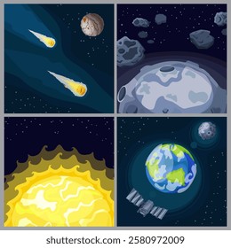 A collage of four space-themed illustrations featuring asteroids, the moon, the sun, and Earth with a satellite.