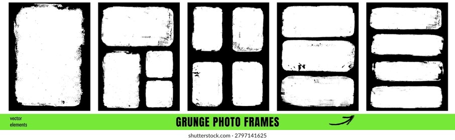 Collage frame set with grunge photo borders with halftone rough edges. Worn text box or callout templates for collage frame album. Vector 5 vignettes set for poster and social media post bg isolated.