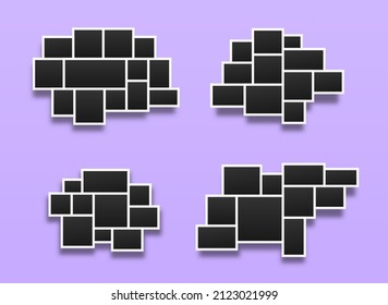 Collage of frames. Border of black photo frames on purple background. Pile of photo.