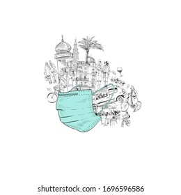 Collage of France in antivirus mask. Hand drawn vector illustration. Urban sketch. 