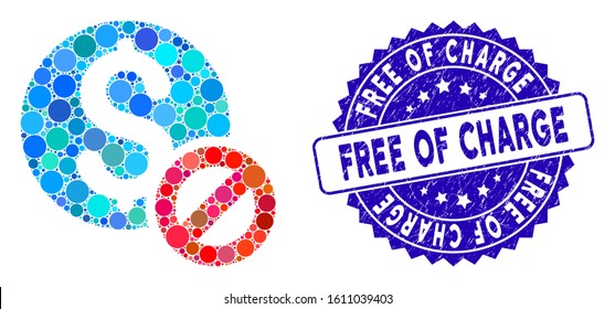 Collage Free Of Charge Icon And Grunge Stamp Watermark With Free Of Charge Text. Mosaic Vector Is Created With Free Of Charge Icon And With Random Circle Elements.