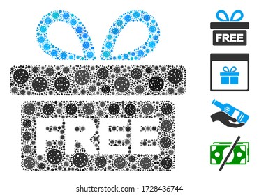 Collage free gift constructed from SARS virus icons in random sizes and color hues. Vector infection elements are arranged into abstract collage free gift icon. Some bonus icons are added.