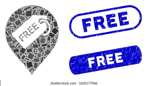Collage free tag marker and corroded stamp seals with Free text. Mosaic vector free tag marker is composed with scattered rectangle items. Free seals use blue color, and have round rectangle shape.