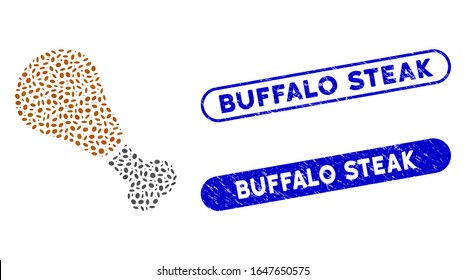 Collage fried chicken leg and grunge stamp seals with Buffalo Steak phrase. Mosaic vector fried chicken leg is composed with random ellipse spots. Buffalo Steak stamp seals use blue color,