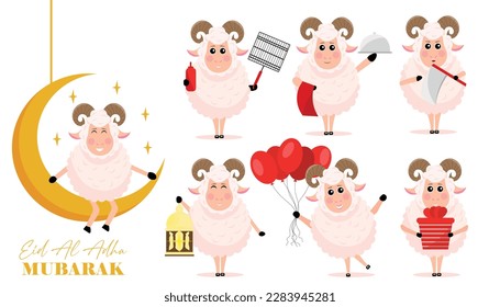 Collage of funny sheep on white background. Eid al-Adha (Feast o