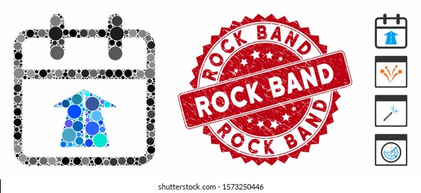 Collage future day icon and corroded stamp seal with Rock Band phrase. Mosaic vector is designed with future day pictogram and with randomized circle spots. Rock Band stamp seal uses red color,