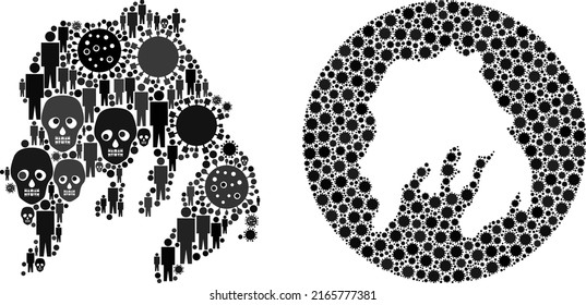 Collage Gambier Island map united from covid virus items and population and death items. Sick virus Gambier Island map collage designed with sphere and hole.