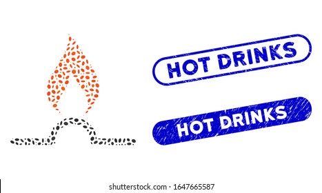 Collage gas flame and rubber stamp seals with Hot Drinks phrase. Mosaic vector gas flame is created with scattered ellipse pieces. Hot Drinks stamp seals use blue color,