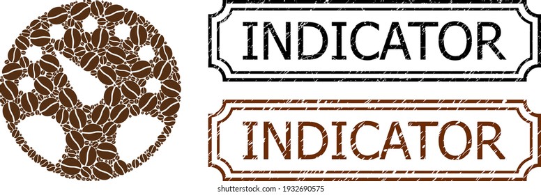 Collage gauge constructed from cocoa beans, and grunge Indicator rectangle seals with notches. Vector coffee parts are composed into abstract collage gauge icon with brown color.
