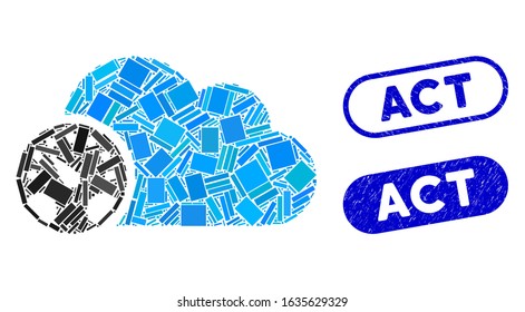 Collage gauge and corroded stamp seals with Act caption. Mosaic vector gauge is created with randomized rectangle items. Act stamp seals use blue color, and have round rectangle shape.