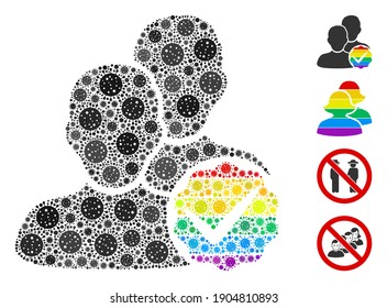 Collage para gays sólo organizado a partir de íconos del virus SARS en diferentes tamaños y tonos de color. Los elementos patógenos vectoriales se unen en un collage abstracto para un icono de sólo gays. Se añaden algunos iconos adicionales.