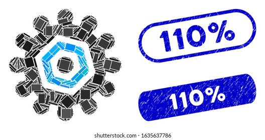 Collage gear and corroded stamp seals with 110% phrase. Mosaic vector gear is composed with scattered rectangle items. 110% stamp seals use blue color, and have round rectangle shape.