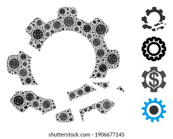 Destrucción de equipos colaterales diseñada a partir de íconos del virus de la gripe en diferentes tamaños y colores. Los iconos de infección de vectores se agrupan en un icono de destrucción de engranajes de composición abstracta. Se añaden algunos iconos adicionales.