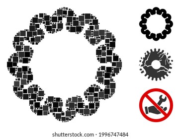 Collage Gear icon constructed from square items in random sizes and color hues. Vector square items are grouped into abstract collage gear icon. Bonus pictograms are added.