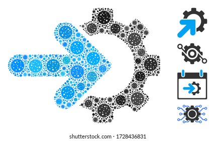 Collage Getriebe Integration bestehend aus Grippevirus Icons in verschiedenen Größen und Farbtönen. Vektorinfizierungselemente werden zu einem abstrakten Symbol für die Integration von Collage Gange zusammengesetzt. Einige Bonussymbole werden hinzugefügt.