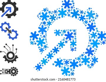 Collage gear integration icon is organized for winter, New Year, Christmas. Gear integration icon mosaic is organized of light blue snow icons. Some similar icons are added.