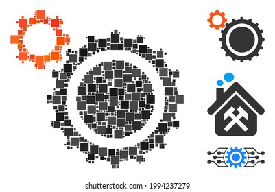 Collage Gears icon designed from square items in various sizes and color hues. Vector square items are grouped into abstract collage gears icon. Bonus pictograms are added.