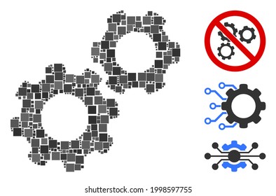 Collage Gears icon designed from square elements in various sizes and color hues. Vector square parts are combined into abstract collage gears icon. Bonus icons are added.