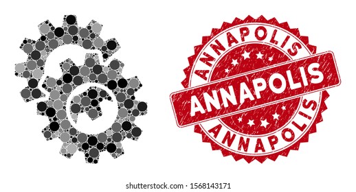 Collage gears and rubber stamp seal with Annapolis caption. Mosaic vector is designed with gears icon and with scattered circle items. Annapolis stamp seal uses red color, and scratched surface.