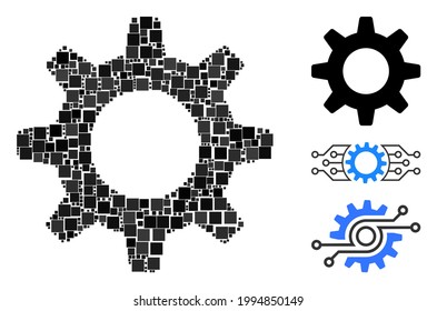 Collage Gearwheel icon united from square items in variable sizes and color hues. Vector square items are composed into abstract collage gearwheel icon. Bonus pictograms are placed.