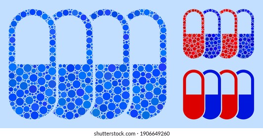 Collage Generic pharma icon constructed from circle items in variable sizes, positions and proportions. Vector blue circle spots are organized into abstract collage generic pharma icon.