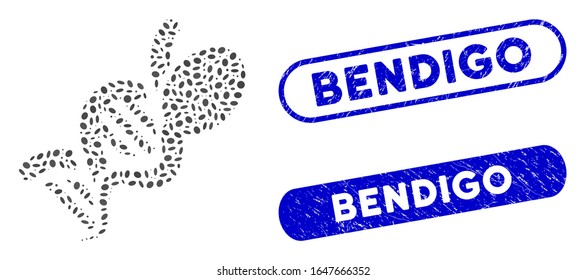 Collage genetics and corroded stamp seals with Bendigo text. Mosaic vector genetics is composed with randomized elliptic spots. Bendigo stamp seals use blue color, and have round rectangle shape.