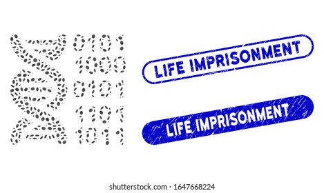 Collage genome and corroded stamp seals with Life Imprisonment text. Mosaic vector genome is designed with random oval items. Life Imprisonment stamp seals use blue color,