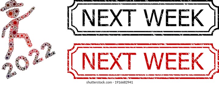 Collage gentleman climbing 2022 designed from coronavirus elements, and grunge Next Week rectangle stamps with notches.