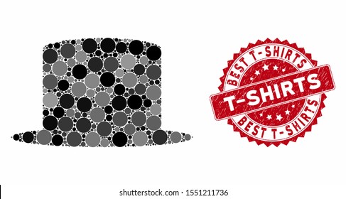 Collage gentleman hat and rubber stamp watermark with Best T-Shirts caption. Mosaic vector is composed with gentleman hat icon and with random round spots. Best T-Shirts stamp seal uses red color,