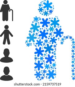 Collage gentleman icon is constructed for winter, New Year, Christmas. Gentleman icon mosaic is constructed of light blue snow. Some similar icons are added.