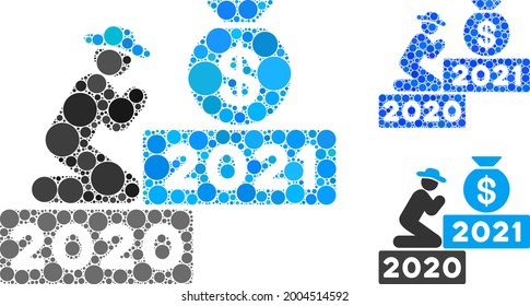 Collage gentleman pray for money 2021 icon composed of round items in variable sizes, positions and proportions. Blue and original versions of gentleman pray for money 2021 icon.