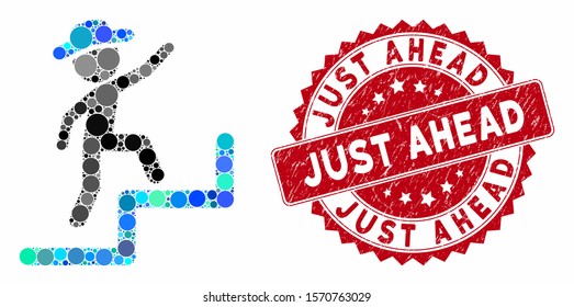 Collage gentleman steps upstairs and rubber stamp seal with Just Ahead caption. Mosaic vector is designed with gentleman steps upstairs icon and with random round elements.