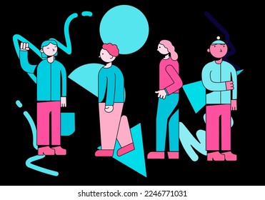 Collage de formas geométricas y diferentes personas en diferentes poses. Ilustración minimalista de estilo plano en paleta de colores brillantes.