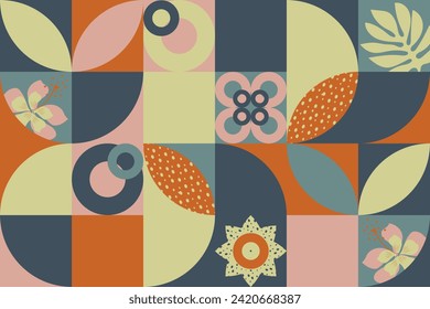 A collage of geometric shapes and flowers forms a modern print for textiles, pillows, and interior design. Vector.