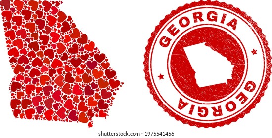 Collage Georgia State map created from red love hearts, and dirty seal stamp. Vector lovely round red rubber seal stamp imitation with Georgia State map inside.